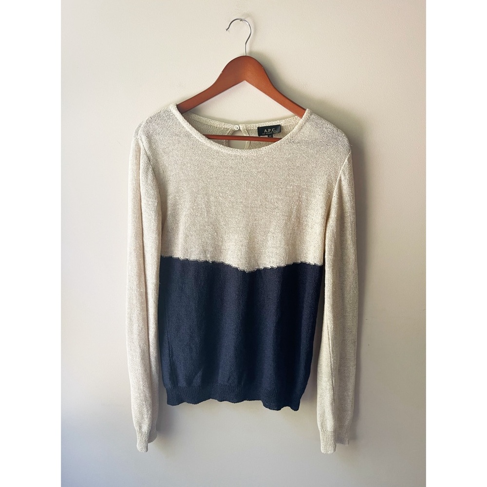 A.P.C. Linen Long Sleeve Sweater Two Tone Colorblock Tan Navy Blue Medium